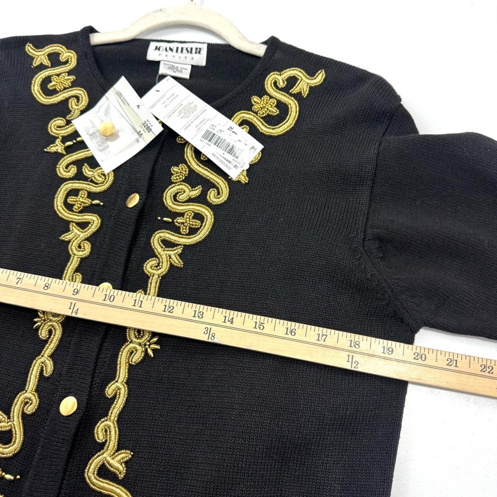 VTG Joan Leslie Petite M Knit Black Gold Embroidered Button Up Cardigan Sweater - Picture 6 of 9